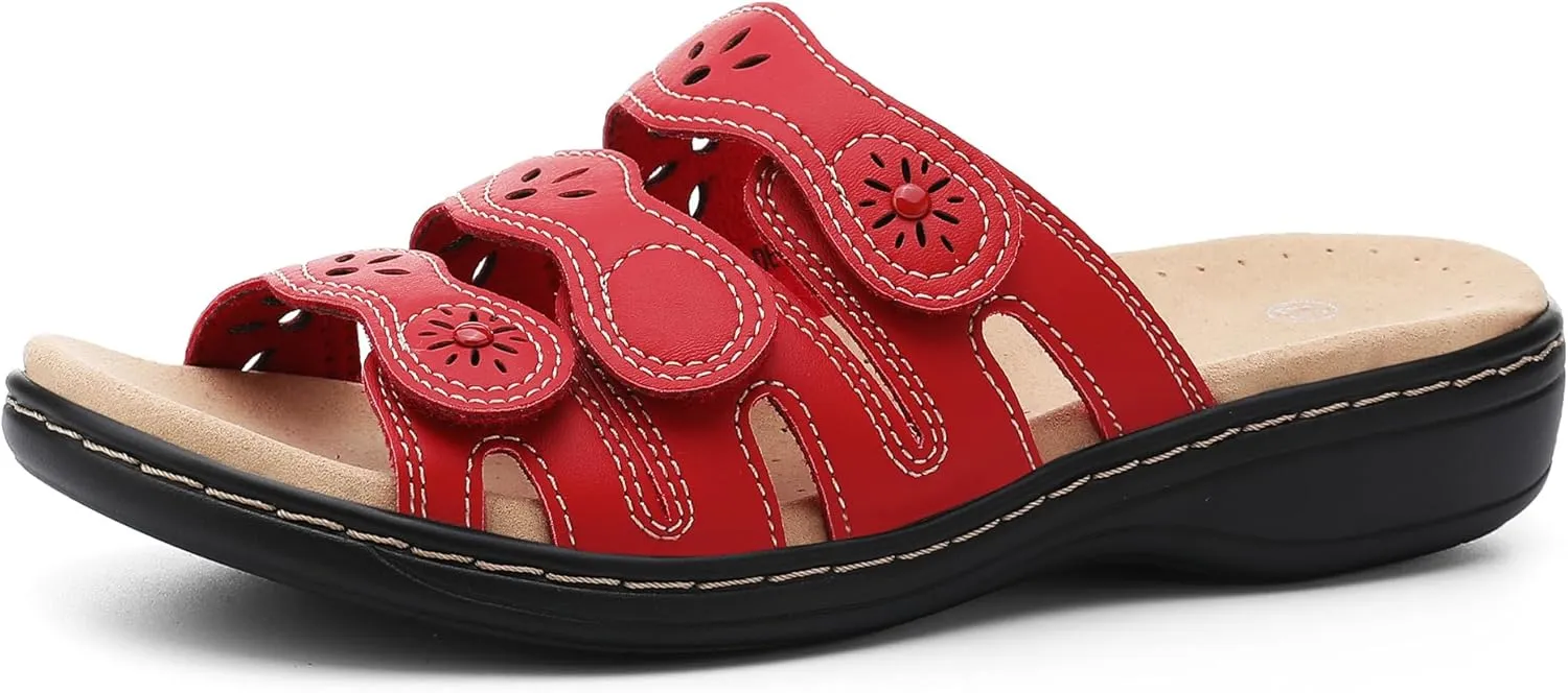 Women's Classic Leather Sandals Slide Casual Sandals with Arch Support Adjustable Hook and Loop Straps Slip-On Shoes Outdoor 2024