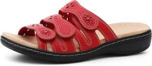 Women's Classic Leather Sandals Slide Casual Sandals with Arch Support Adjustable Hook and Loop Straps Slip-On Shoes Outdoor 2024