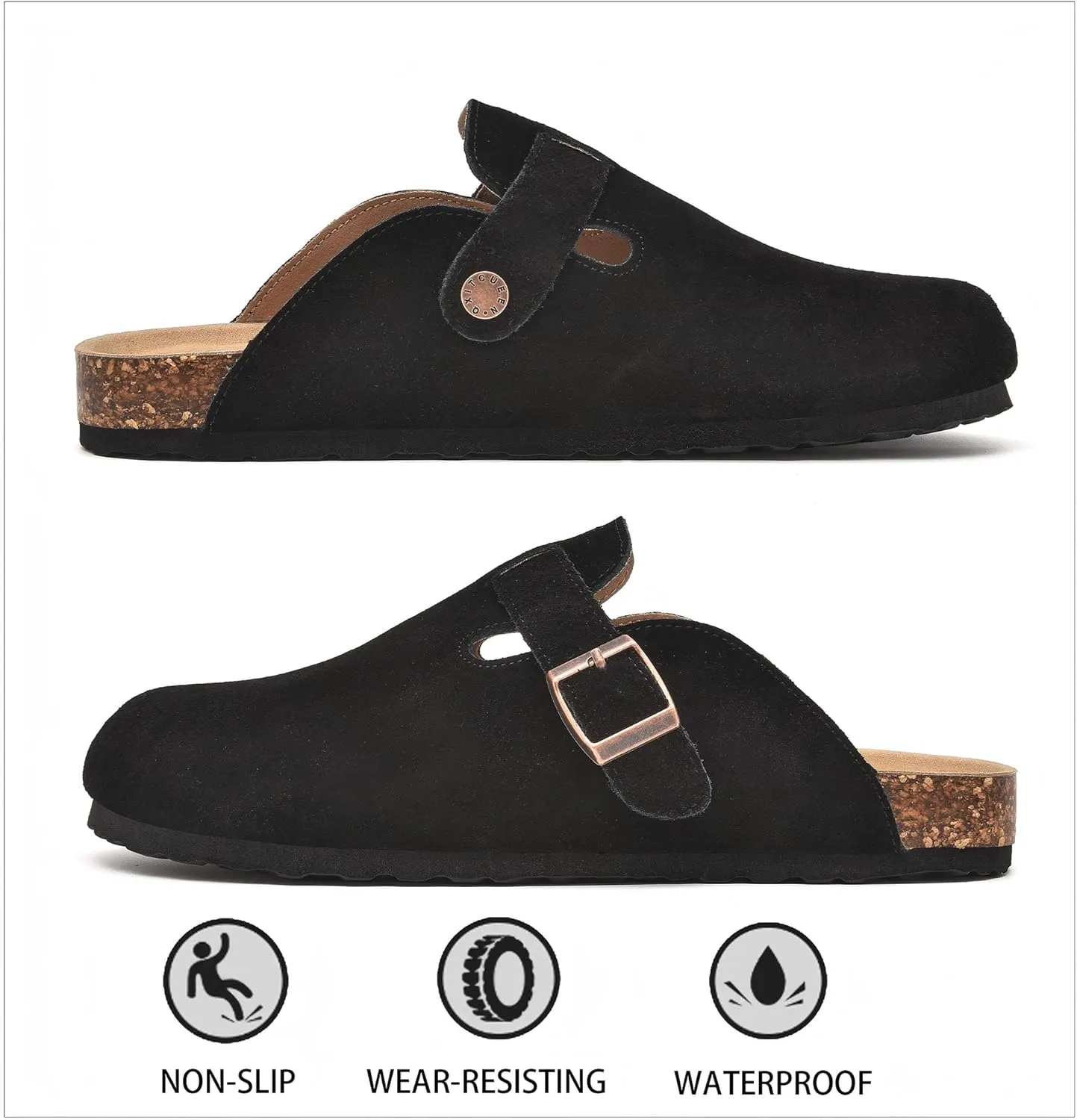 Womens Clogs Soft Leather Mules Cork Footbed Sandals Non-Slip Comfort Potato Shoes