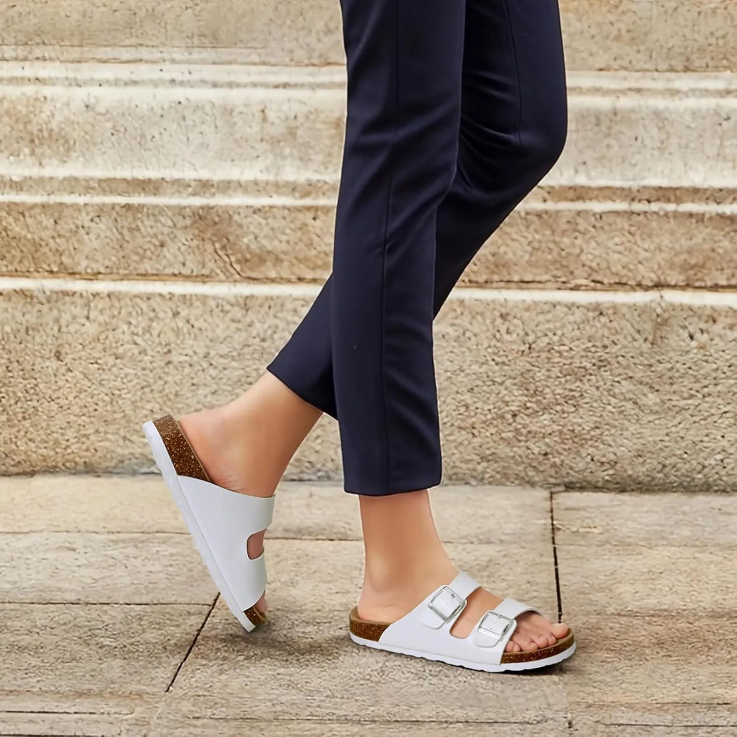 Women's Cork Footbed Slide Sandal, Arch Support Summer Outdoor Sandals with Adjustable Buckle