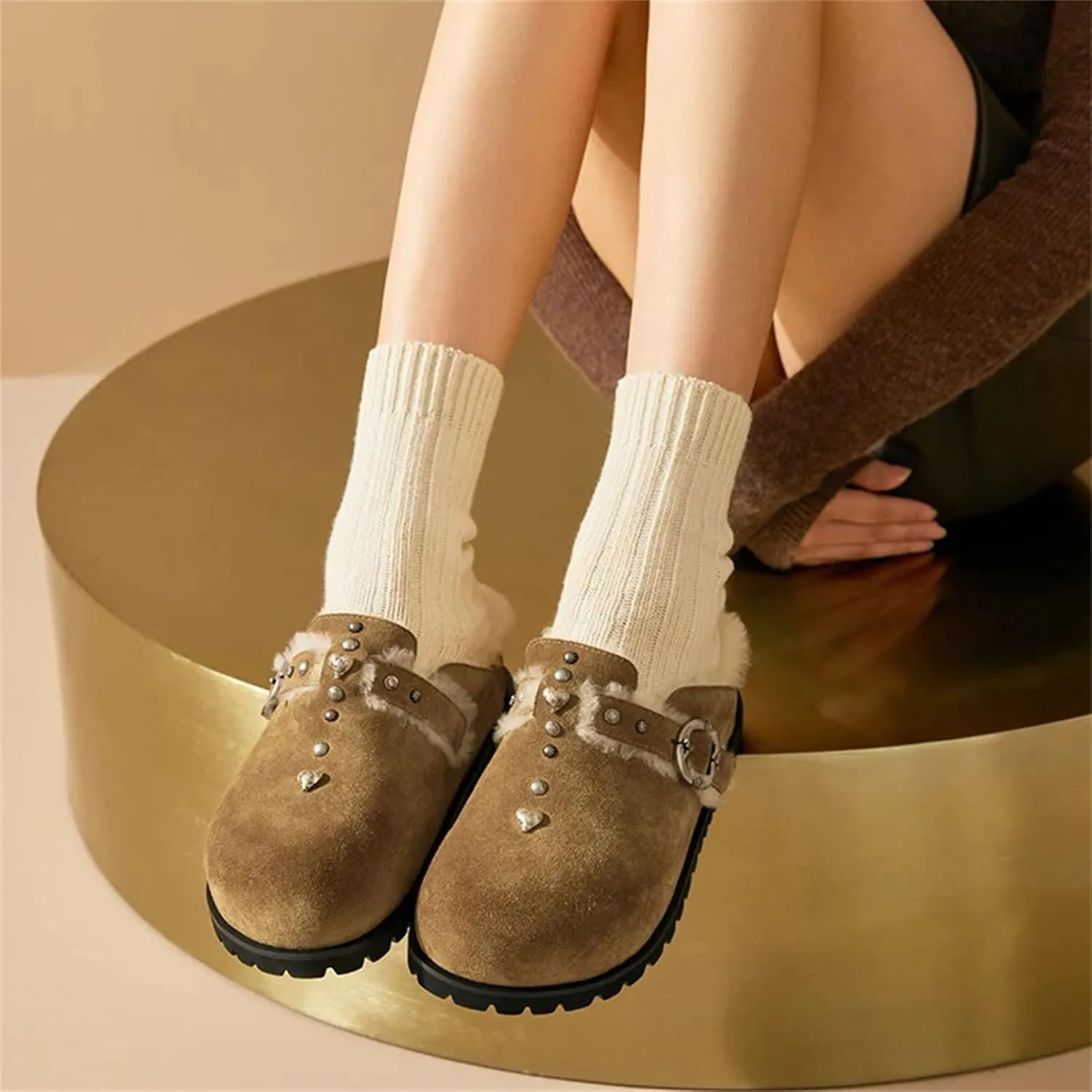 Women's Cow Suede Winter Mules - Thick Sole Square Buckle Outdoor Wool Flats