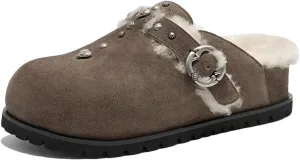 Women's Cow Suede Winter Mules - Thick Sole Square Buckle Outdoor Wool Flats