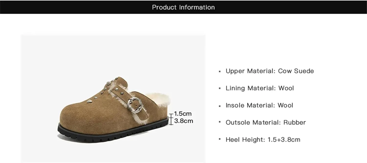 Women's Cow Suede Winter Mules - Thick Sole Square Buckle Outdoor Wool Flats