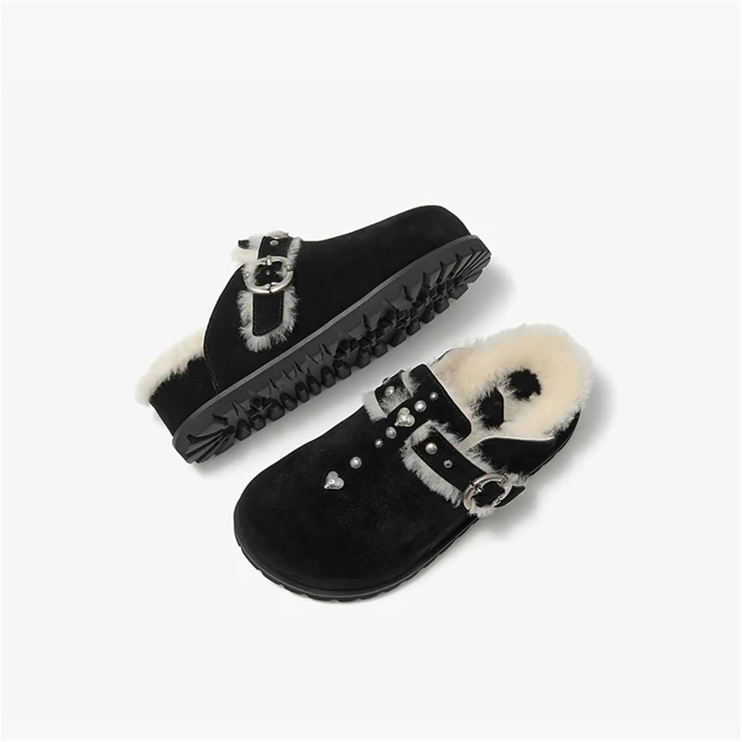 Women's Cow Suede Winter Mules - Thick Sole Square Buckle Outdoor Wool Flats