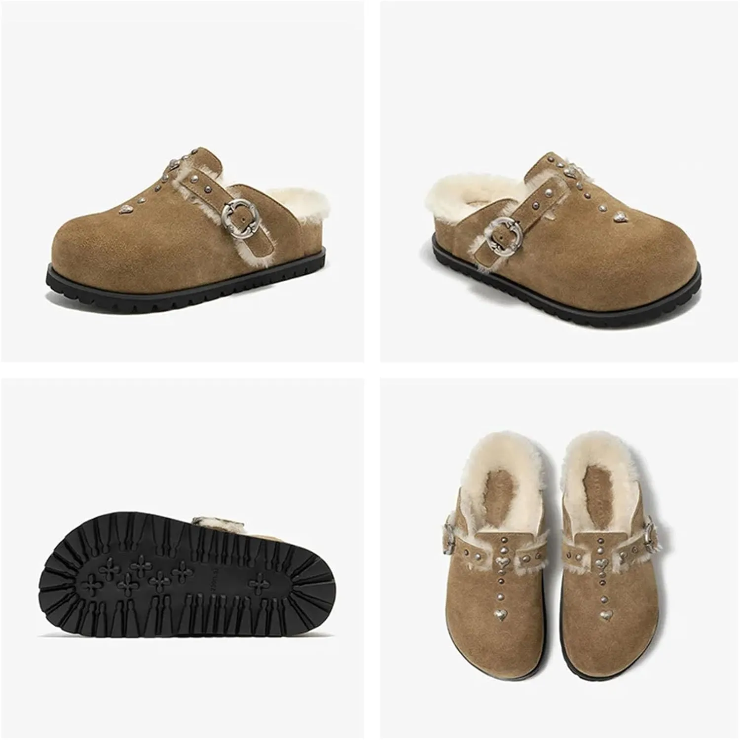 Women's Cow Suede Winter Mules - Thick Sole Square Buckle Outdoor Wool Flats