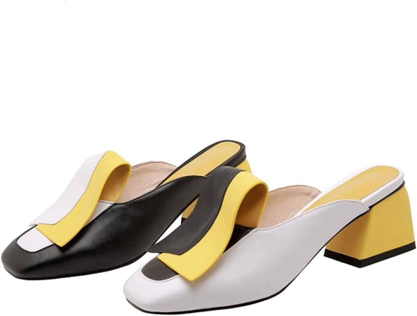 Women's Flat Mary Jane Mules Patent PU Leather Closed Square Toe Backless Slip on Slides Loafer Shoes