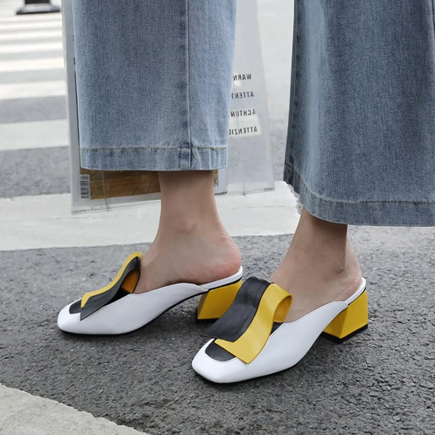 Women's Flat Mary Jane Mules Patent PU Leather Closed Square Toe Backless Slip on Slides Loafer Shoes