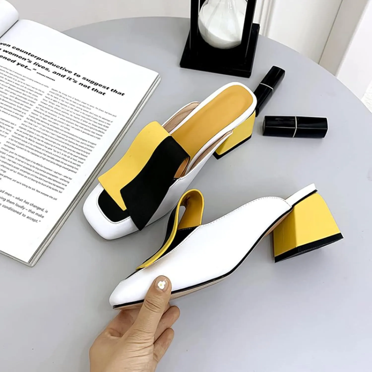 Women's Flat Mary Jane Mules Patent PU Leather Closed Square Toe Backless Slip on Slides Loafer Shoes