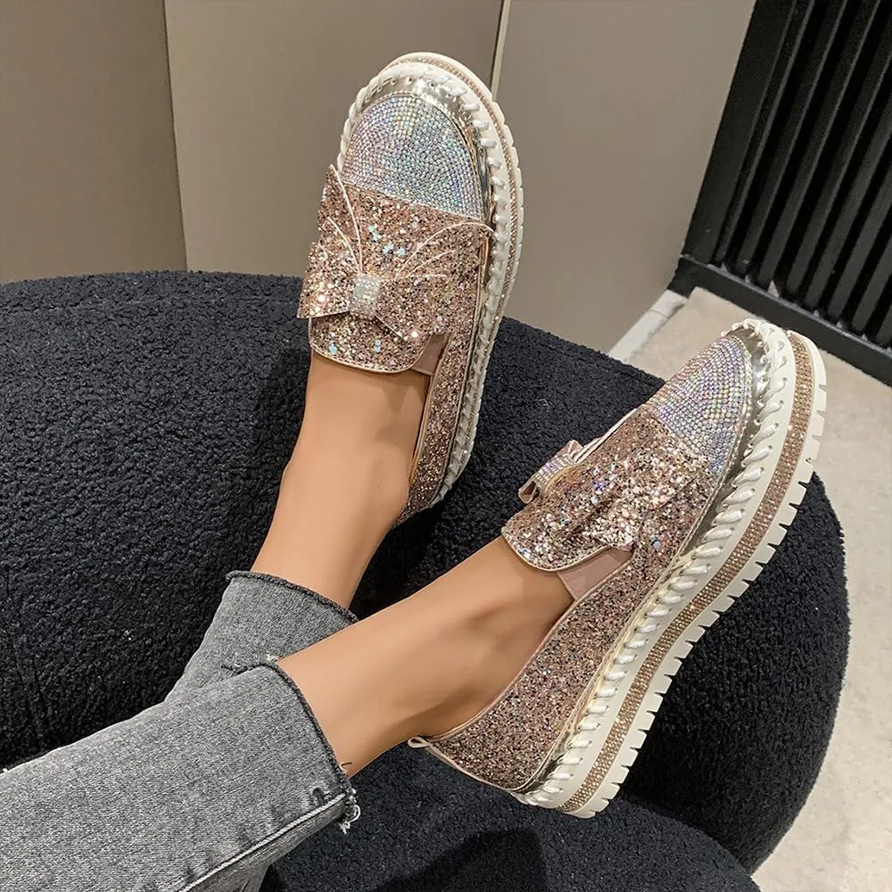 Women's Glitter Sparkly Rhinestone Casual Slip On Loafers Cute Bowknot Platform Sneakers Walking Dress Wedding Shoes