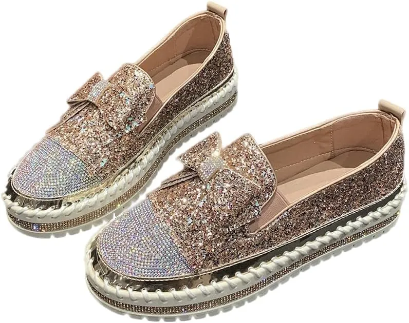 Women's Glitter Sparkly Rhinestone Casual Slip On Loafers Cute Bowknot Platform Sneakers Walking Dress Wedding Shoes