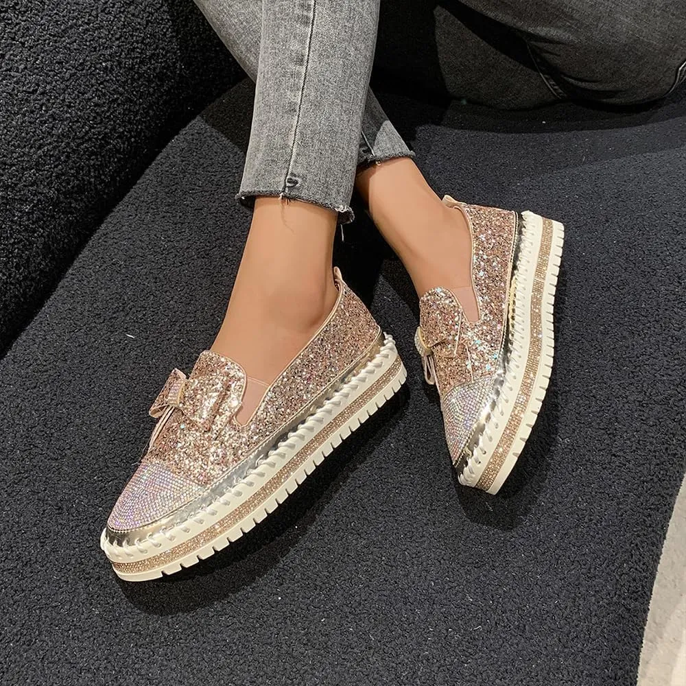Women's Glitter Sparkly Rhinestone Casual Slip On Loafers Cute Bowknot Platform Sneakers Walking Dress Wedding Shoes
