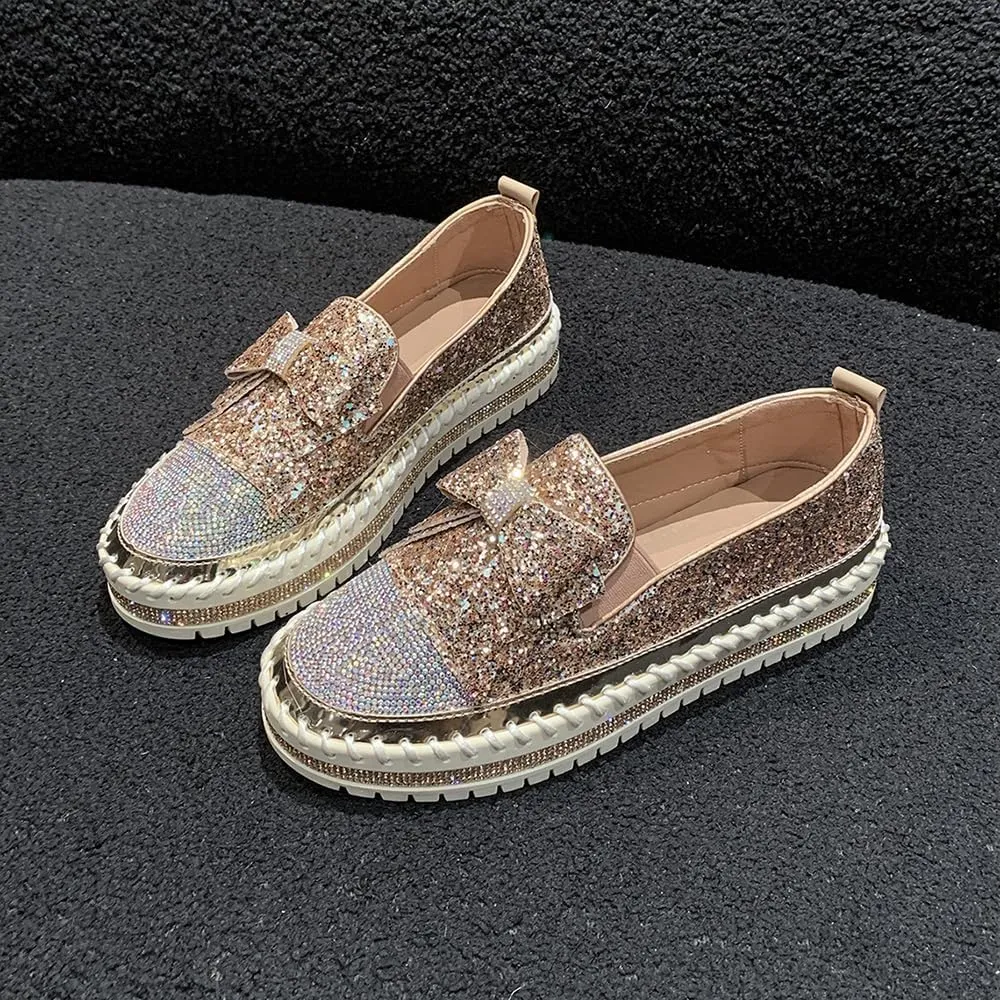 Women's Glitter Sparkly Rhinestone Casual Slip On Loafers Cute Bowknot Platform Sneakers Walking Dress Wedding Shoes