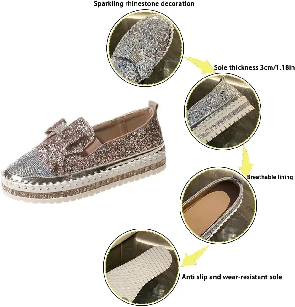 Women's Glitter Sparkly Rhinestone Casual Slip On Loafers Cute Bowknot Platform Sneakers Walking Dress Wedding Shoes