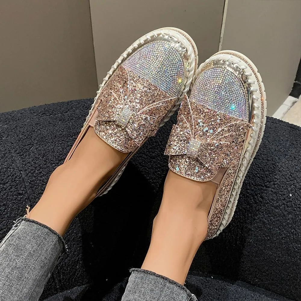 Women's Glitter Sparkly Rhinestone Casual Slip On Loafers Cute Bowknot Platform Sneakers Walking Dress Wedding Shoes