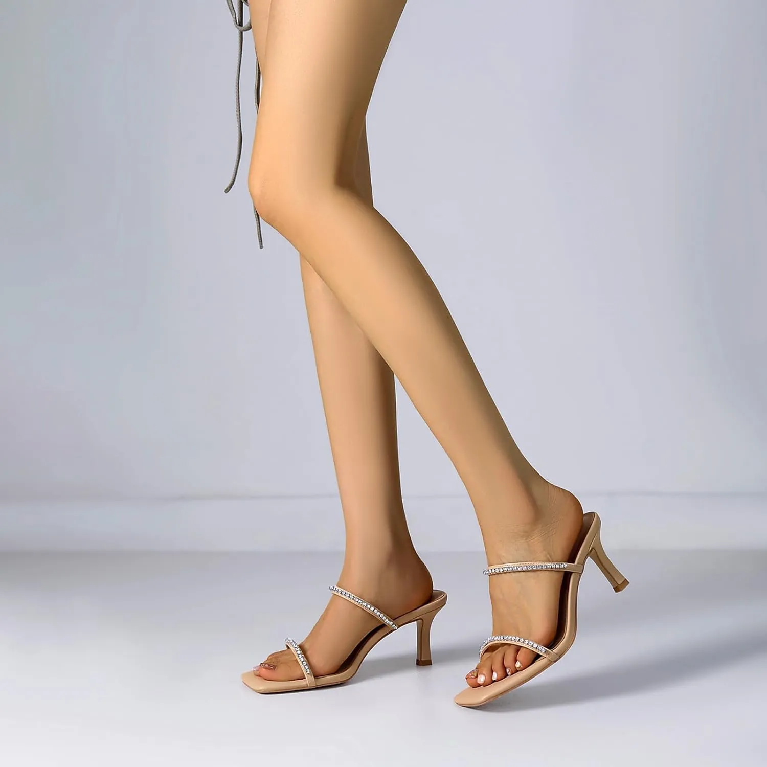 Women's Kitten Heel Rhinestone Sandals Lace Up Slingback Square Open Toe Heels Sparkling Sandals with Stiletto Buckle Strap for Dress Party Prom Wedding High Heeled Shoes