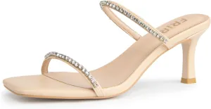 Women's Kitten Heel Rhinestone Sandals Lace Up Slingback Square Open Toe Heels Sparkling Sandals with Stiletto Buckle Strap for Dress Party Prom Wedding High Heeled Shoes