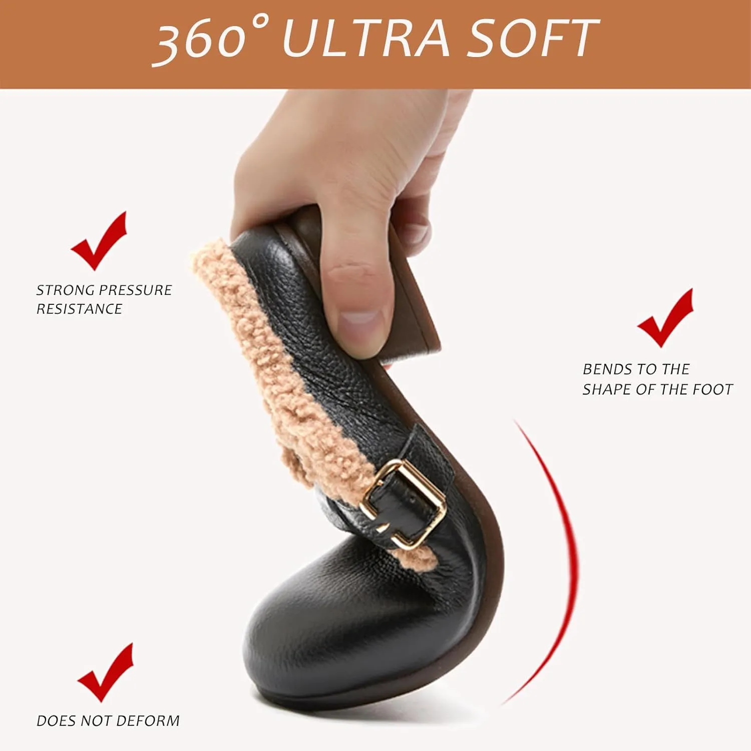 Women's Leather Block Heel Clogs Mules Round Toe Comfortable Non-Slip Warm Plus Velvet Slip-On Mules Business Work Dress Shoes