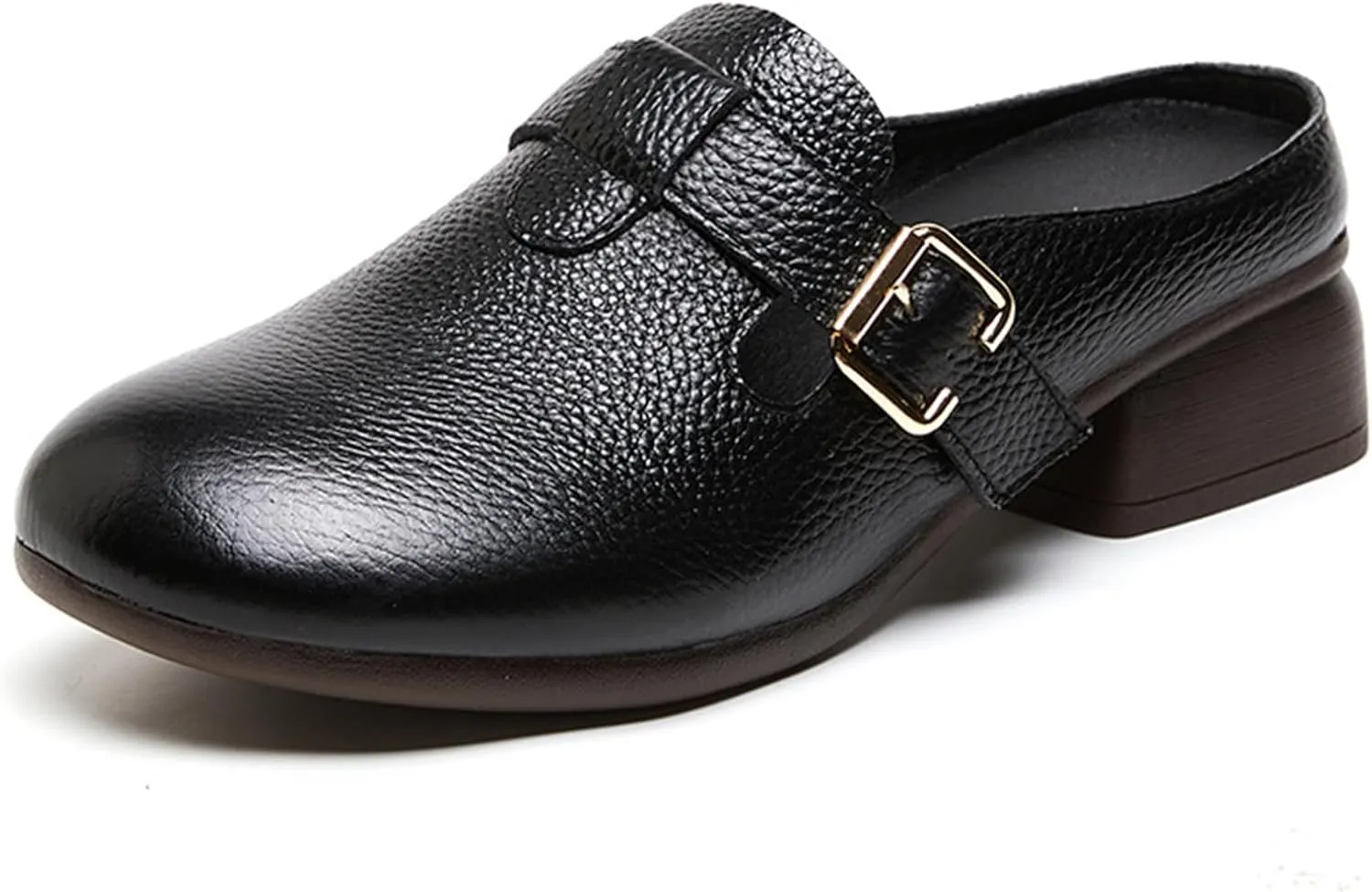 Women's Leather Block Heel Clogs Mules Round Toe Comfortable Non-Slip Warm Plus Velvet Slip-On Mules Business Work Dress Shoes