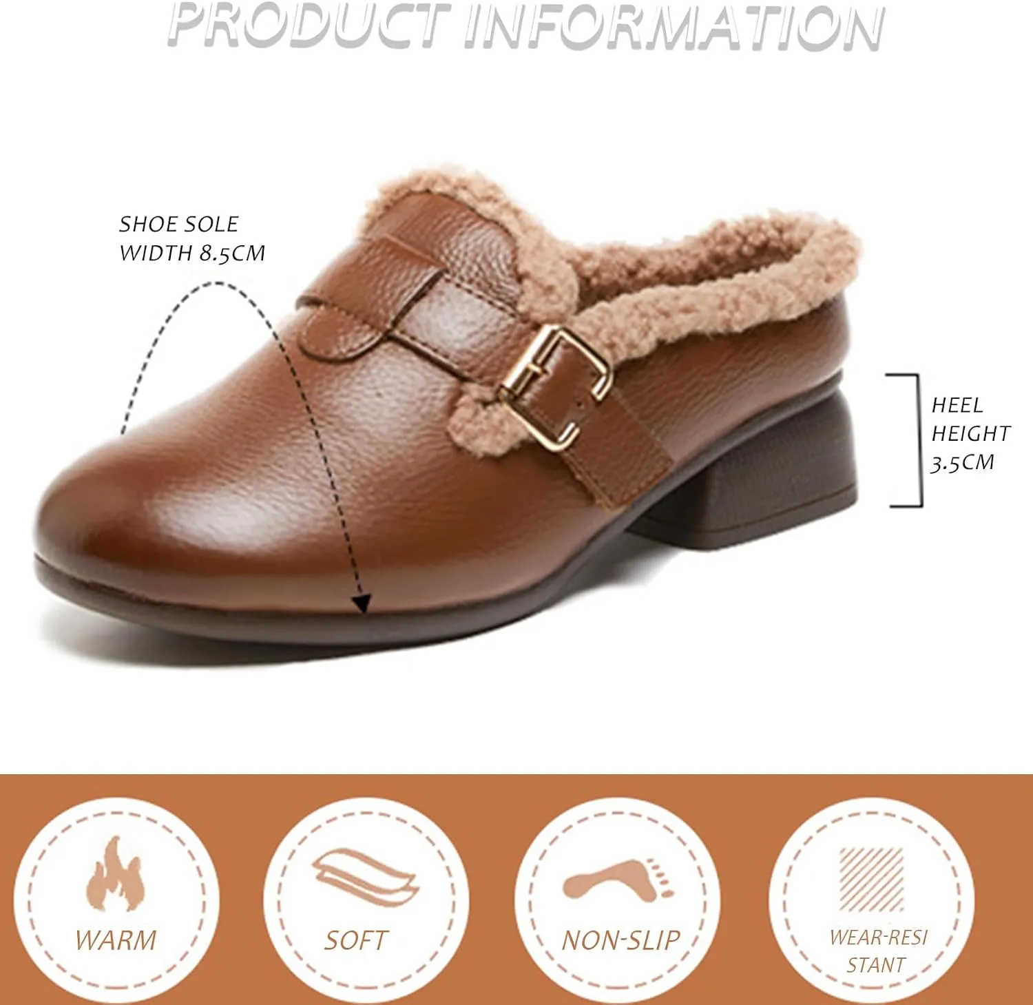 Women's Leather Block Heel Clogs Mules Round Toe Comfortable Non-Slip Warm Plus Velvet Slip-On Mules Business Work Dress Shoes