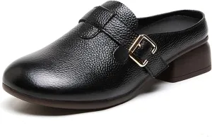 Women's Leather Block Heel Clogs Mules Round Toe Comfortable Non-Slip Warm Plus Velvet Slip-On Mules Business Work Dress Shoes