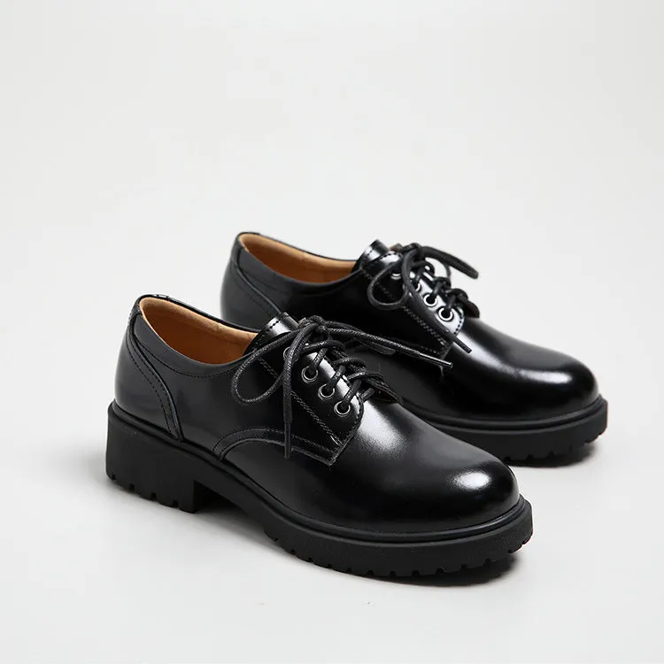 Women's Leather Classic Vintage Lace Up Oxford Low Block Heel Shoes
