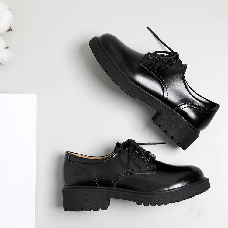 Women's Leather Classic Vintage Lace Up Oxford Low Block Heel Shoes