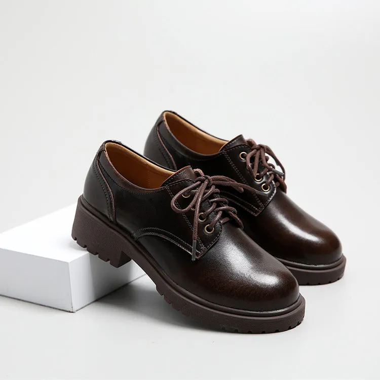 Women's Leather Classic Vintage Lace Up Oxford Low Block Heel Shoes