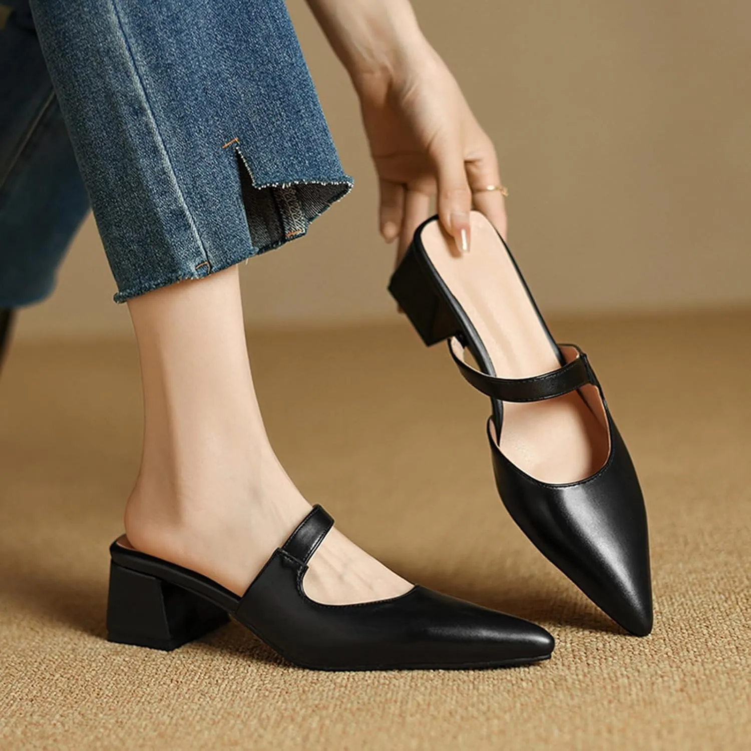 Women's Leather Cutout Chunky Block Heel Mules Fashion Closed Pointed Toe Backless Slip On Heeled Sandals Comfortable Prom Party Dress Work Pumps