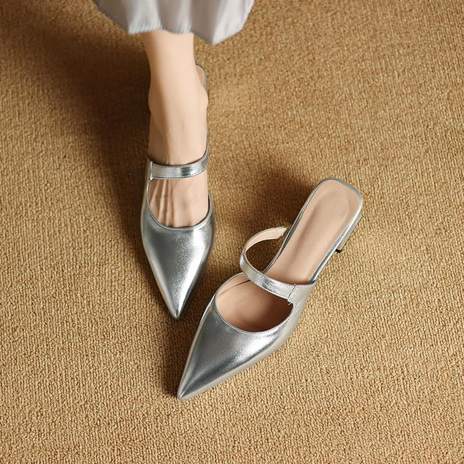 Women's Leather Cutout Chunky Block Heel Mules Fashion Closed Pointed Toe Backless Slip On Heeled Sandals Comfortable Prom Party Dress Work Pumps