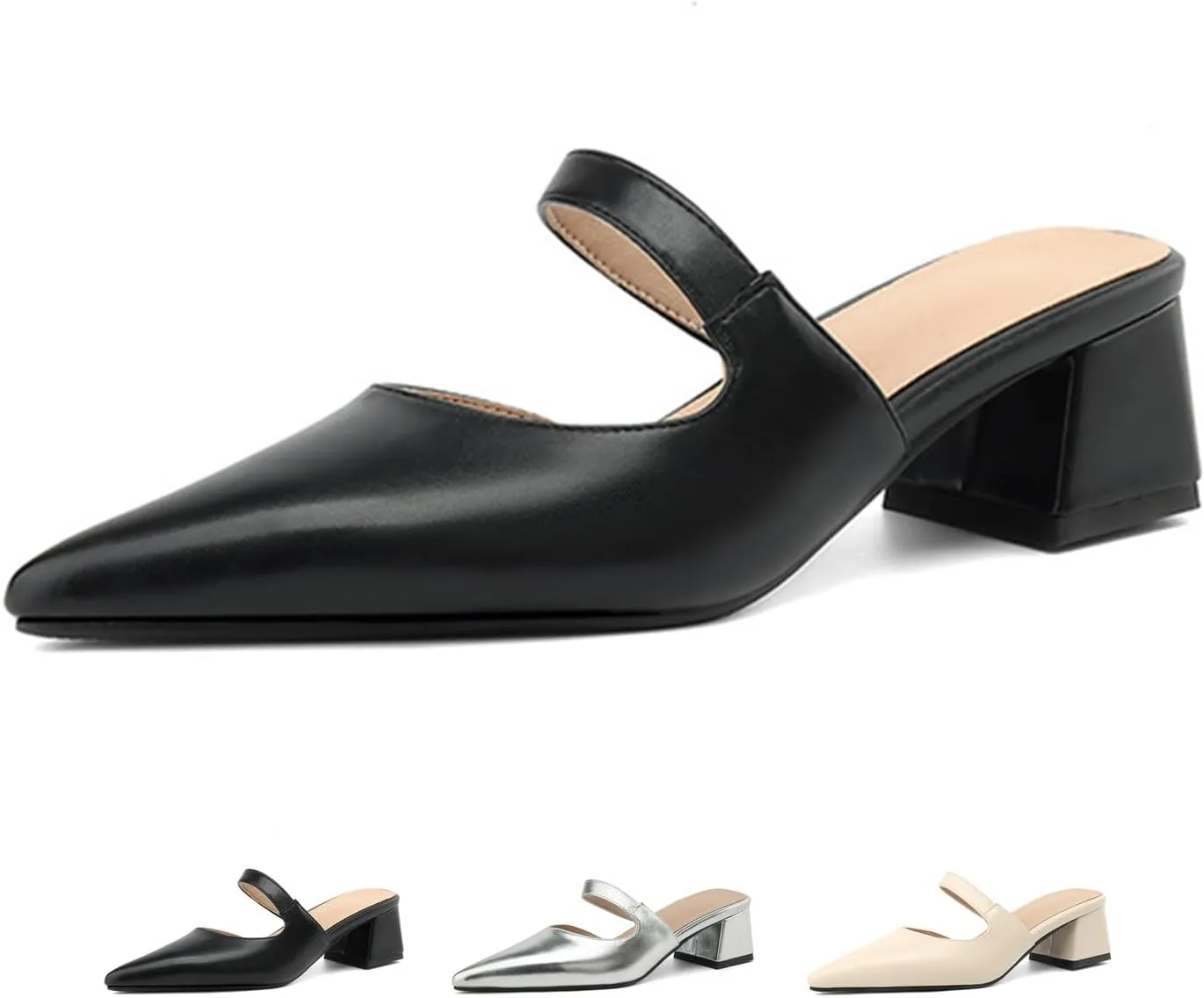 Women's Leather Cutout Chunky Block Heel Mules Fashion Closed Pointed Toe Backless Slip On Heeled Sandals Comfortable Prom Party Dress Work Pumps