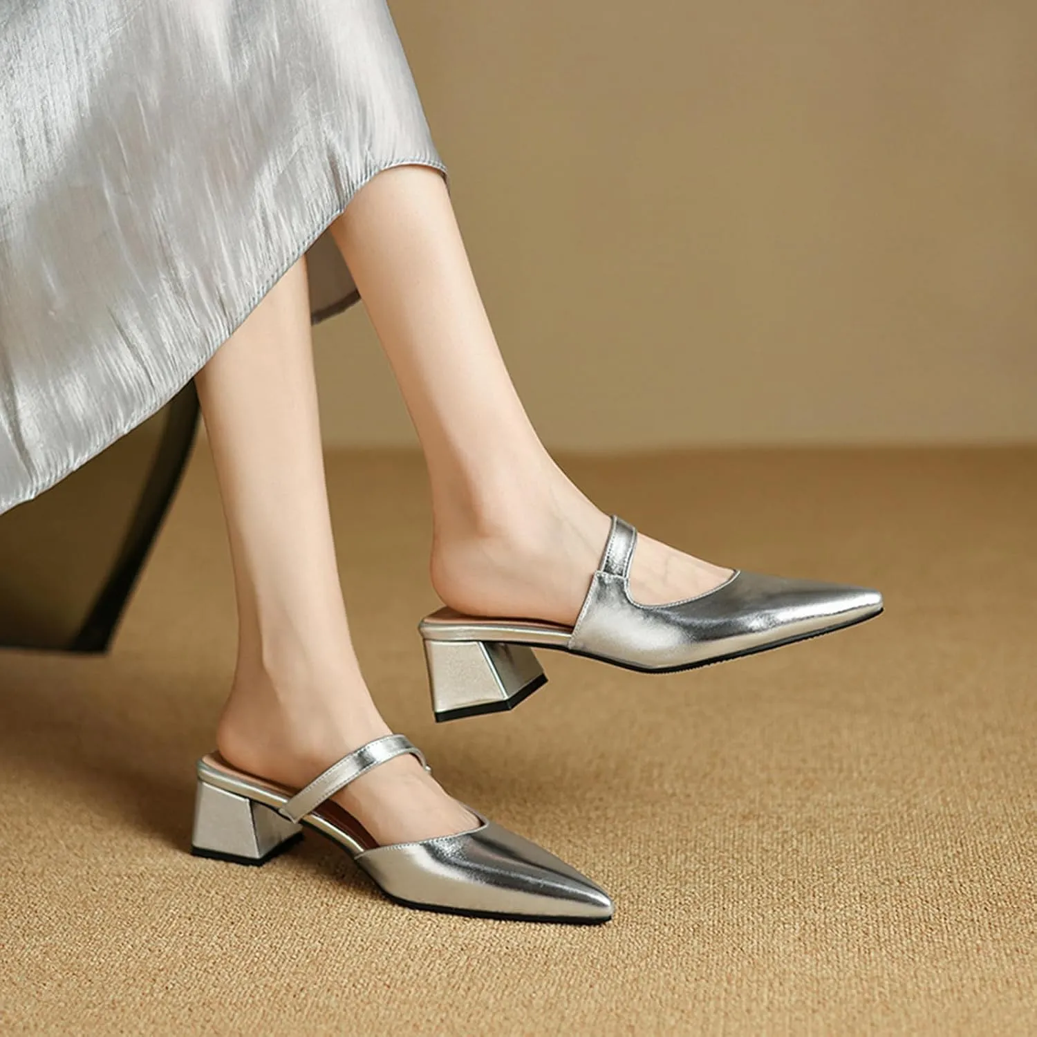 Women's Leather Cutout Chunky Block Heel Mules Fashion Closed Pointed Toe Backless Slip On Heeled Sandals Comfortable Prom Party Dress Work Pumps