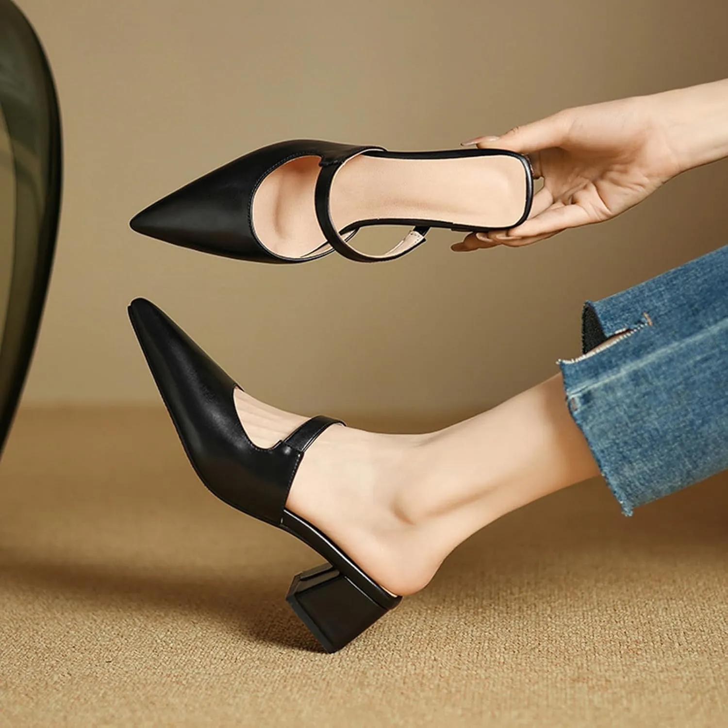Women's Leather Cutout Chunky Block Heel Mules Fashion Closed Pointed Toe Backless Slip On Heeled Sandals Comfortable Prom Party Dress Work Pumps