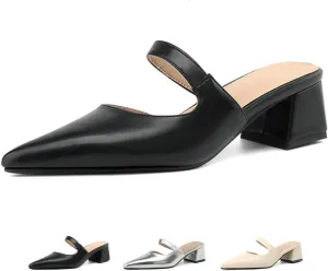 Women's Leather Cutout Chunky Block Heel Mules Fashion Closed Pointed Toe Backless Slip On Heeled Sandals Comfortable Prom Party Dress Work Pumps