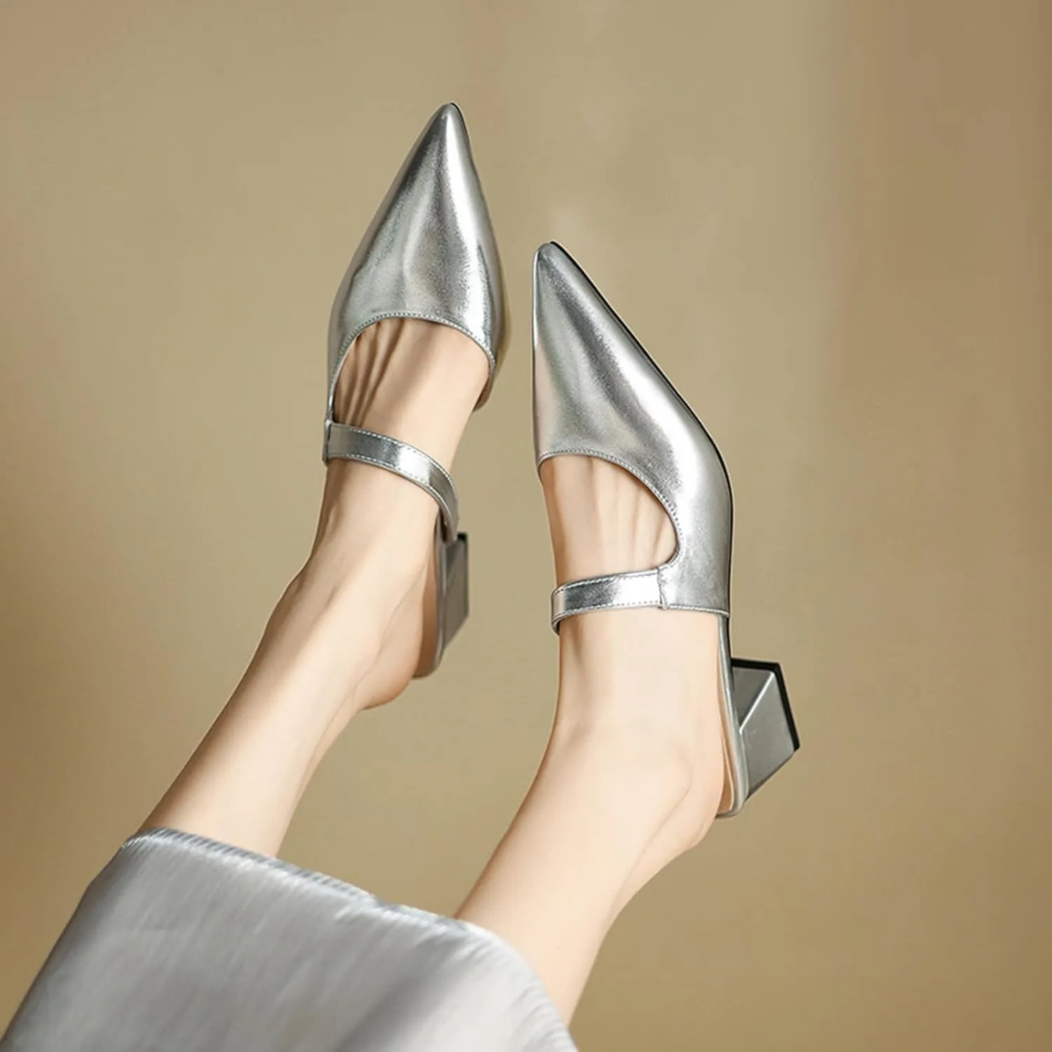 Women's Leather Cutout Chunky Block Heel Mules Fashion Closed Pointed Toe Backless Slip On Heeled Sandals Comfortable Prom Party Dress Work Pumps