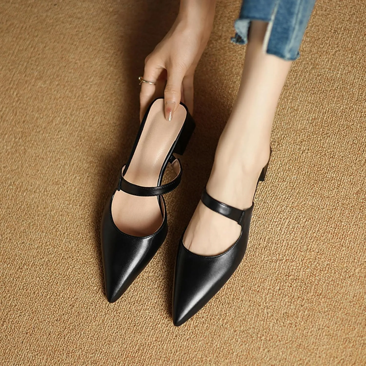Women's Leather Cutout Chunky Block Heel Mules Fashion Closed Pointed Toe Backless Slip On Heeled Sandals Comfortable Prom Party Dress Work Pumps