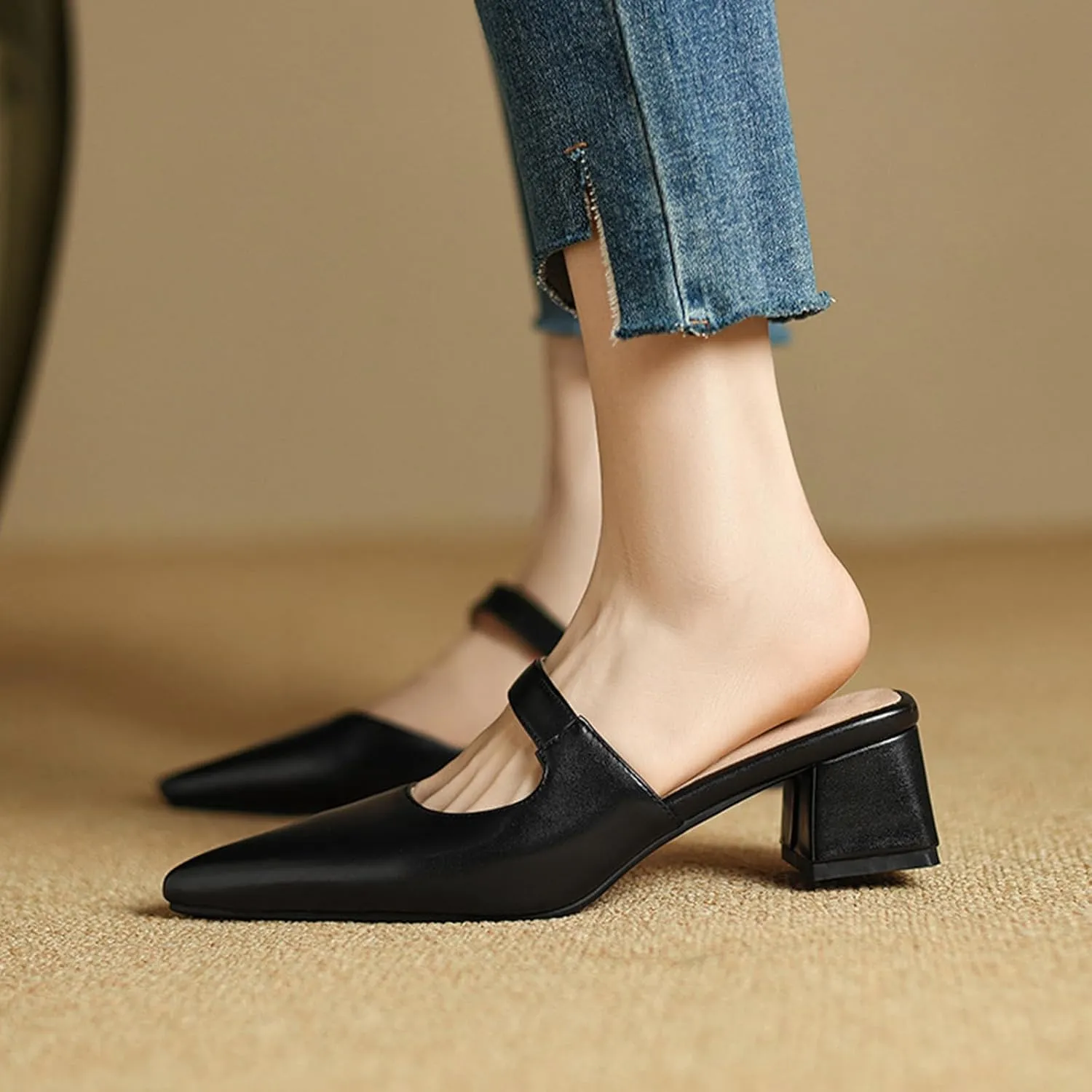 Women's Leather Cutout Chunky Block Heel Mules Fashion Closed Pointed Toe Backless Slip On Heeled Sandals Comfortable Prom Party Dress Work Pumps