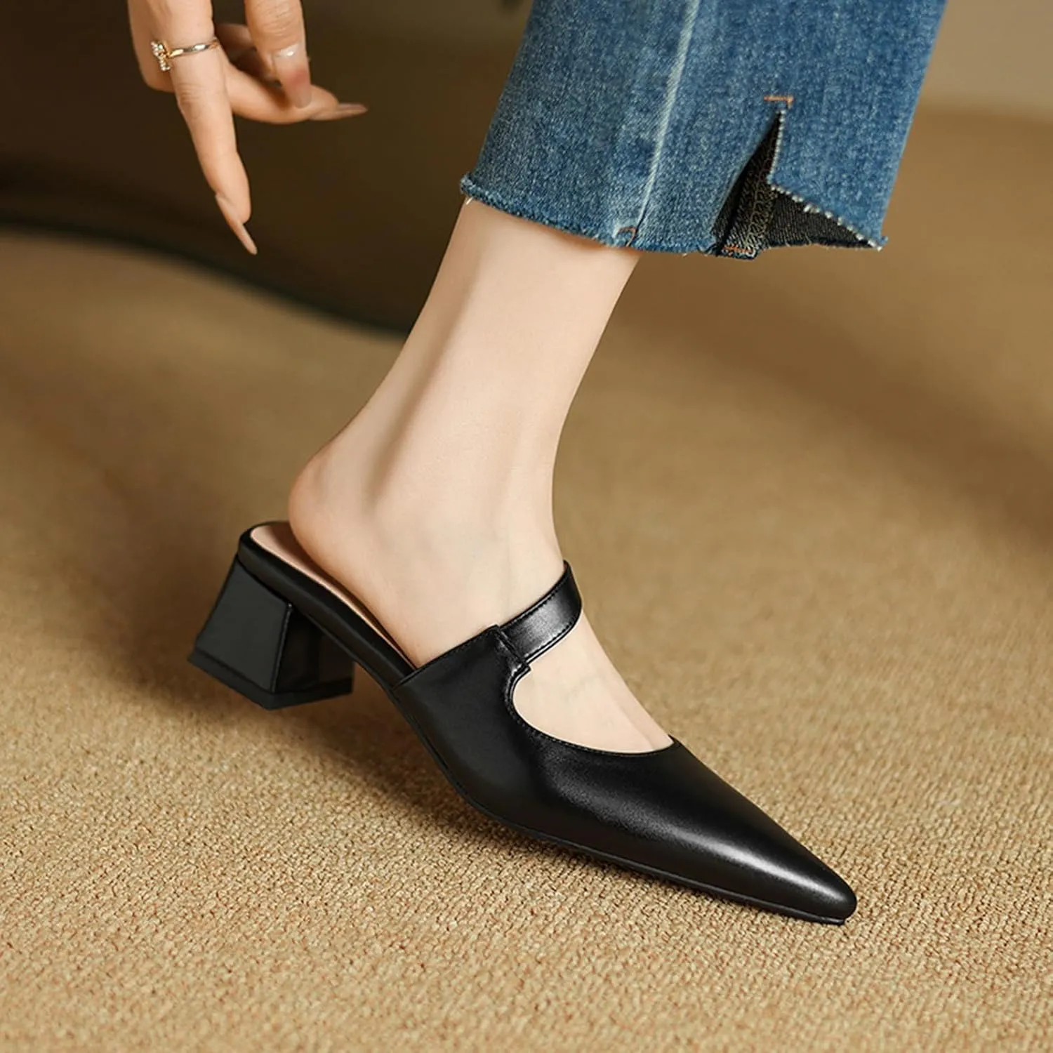 Women's Leather Cutout Chunky Block Heel Mules Fashion Closed Pointed Toe Backless Slip On Heeled Sandals Comfortable Prom Party Dress Work Pumps