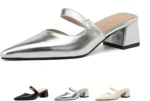 Women's Leather Cutout Chunky Block Heel Mules Fashion Closed Pointed Toe Backless Slip On Heeled Sandals Comfortable Prom Party Dress Work Pumps