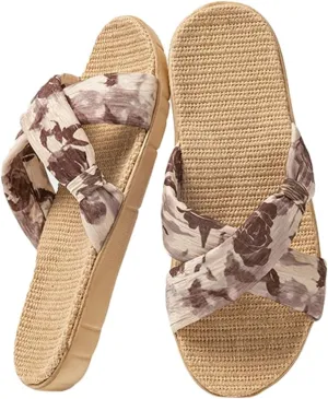 Women’s Linen Open Toe Slippers Fashion Cross Band Summer Beach Slide Sandals 2025 EVA Sole Slip On Bedroom Indoor Shoes