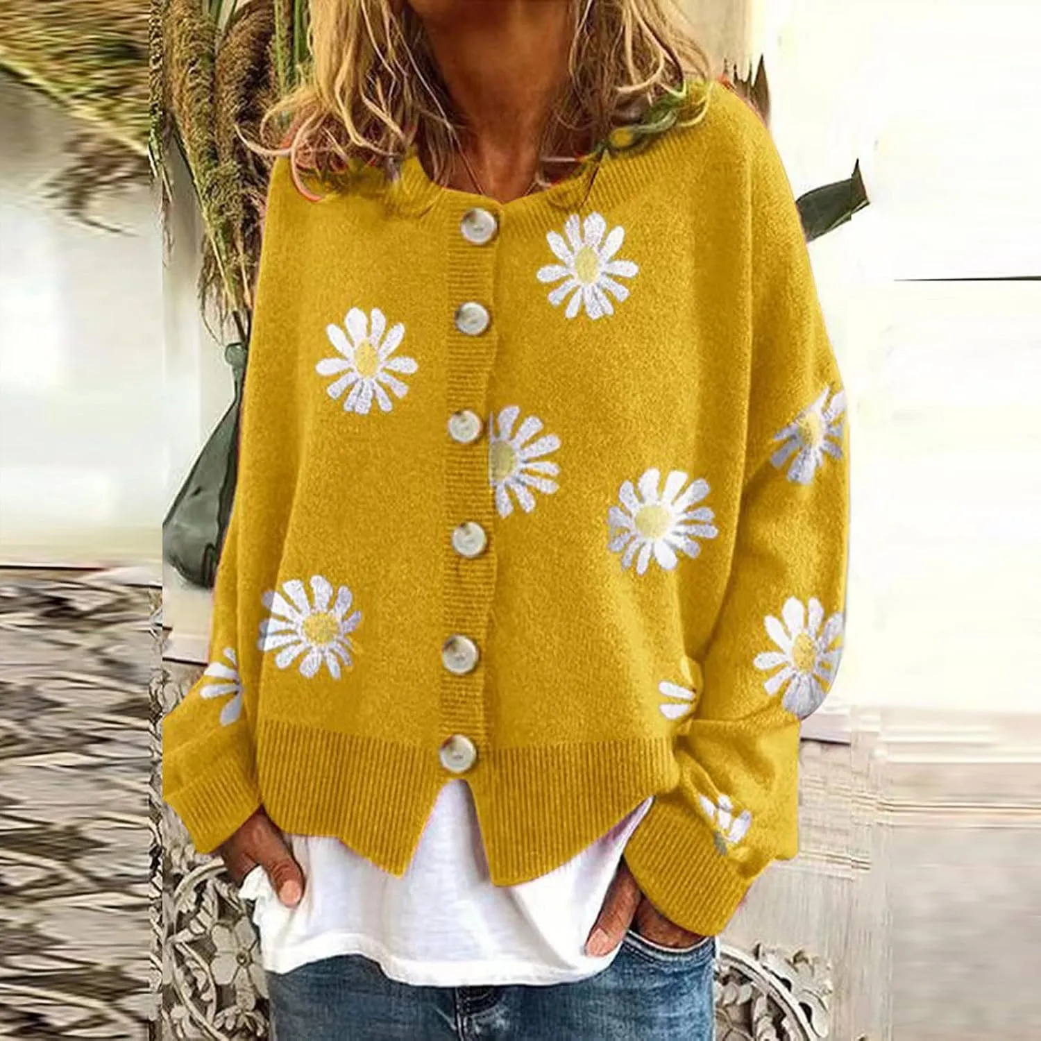 Womens Long Sleeve Button Comfy Sweater Cute Flower Graphic Cardigan Button Trendy Open Front Fall Clothes
