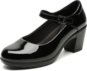 Womens Mary Jane Dress Shoes Chunky Low Block Heels 7CM Closed Toe Work Platform Pumps Dressy Orthopedic for Business Flight Wedding Office Ankle Strap Leather Casual Comfort with Arch Support