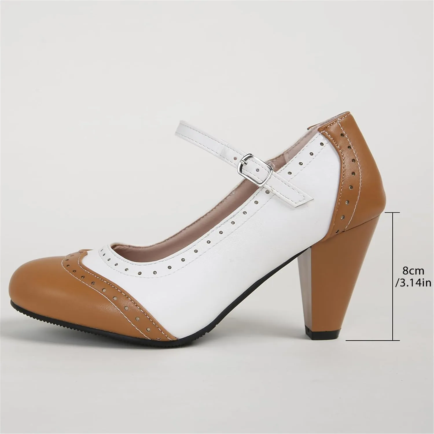 Women's Mary Jane Oxford Two Tone Pumps Vintage Round Closed with Ankle Strap Cute Low Kitten Heels Classic Cut-Out Tango Party Office Lady Pumps Dress Shoe