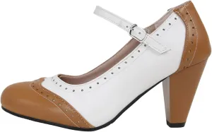Women's Mary Jane Oxford Two Tone Pumps Vintage Round Closed with Ankle Strap Cute Low Kitten Heels Classic Cut-Out Tango Party Office Lady Pumps Dress Shoe