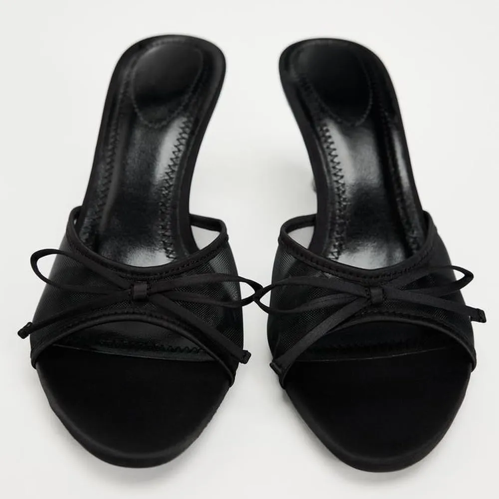 Women's Mesh Heeled Mules Bow Tie Backless Stiletto High Heels Open Toe Heeled Sandals for Women Party Dress Pumps