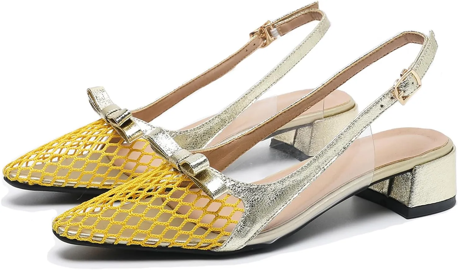 Womens Mesh Yarn Low Chunky Heel Slingback Pumps Fashion Bow Decoration Adjustable Ankle Strap Closed Pointed Toe Comfort Block Heel Bridal Mules Sandals for Dress Wedding Party Prom