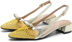 Womens Mesh Yarn Low Chunky Heel Slingback Pumps Fashion Bow Decoration Adjustable Ankle Strap Closed Pointed Toe Comfort Block Heel Bridal Mules Sandals for Dress Wedding Party Prom