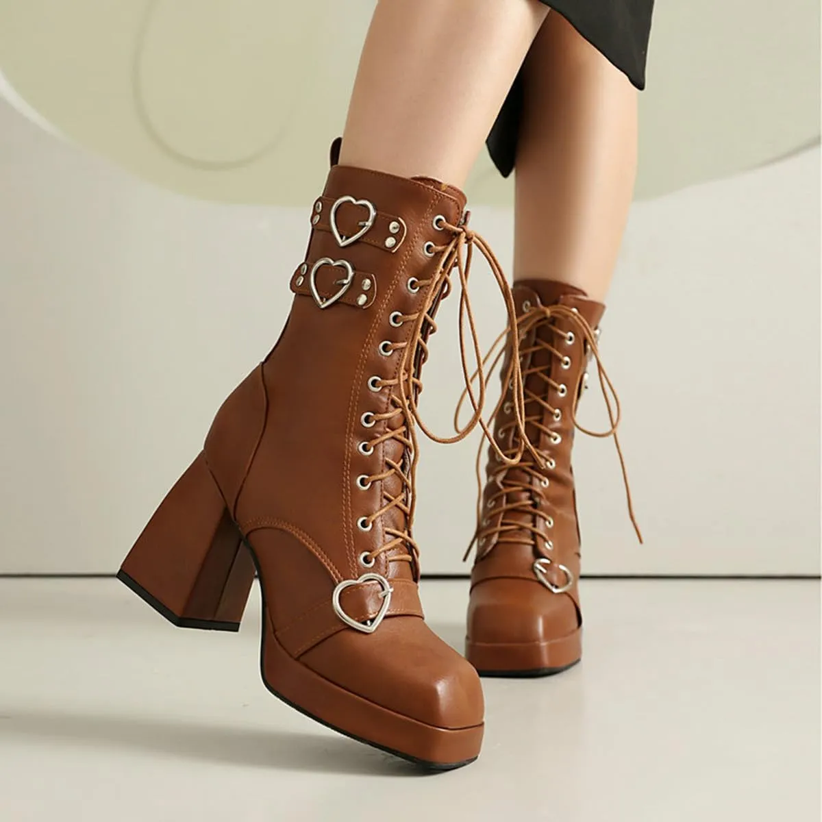 Women's Mid Calf Combat Boots Square Toe Block Heel Platform Lace Up Boots with Buckle Straps