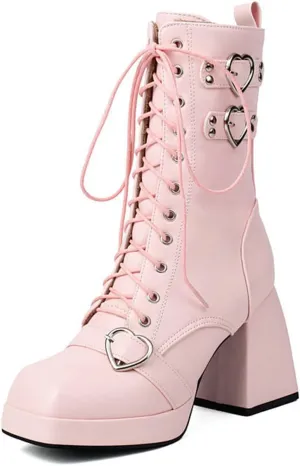 Women's Mid Calf Combat Boots Square Toe Block Heel Platform Lace Up Boots with Buckle Straps