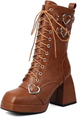 Women's Mid Calf Combat Boots Square Toe Block Heel Platform Lace Up Boots with Buckle Straps