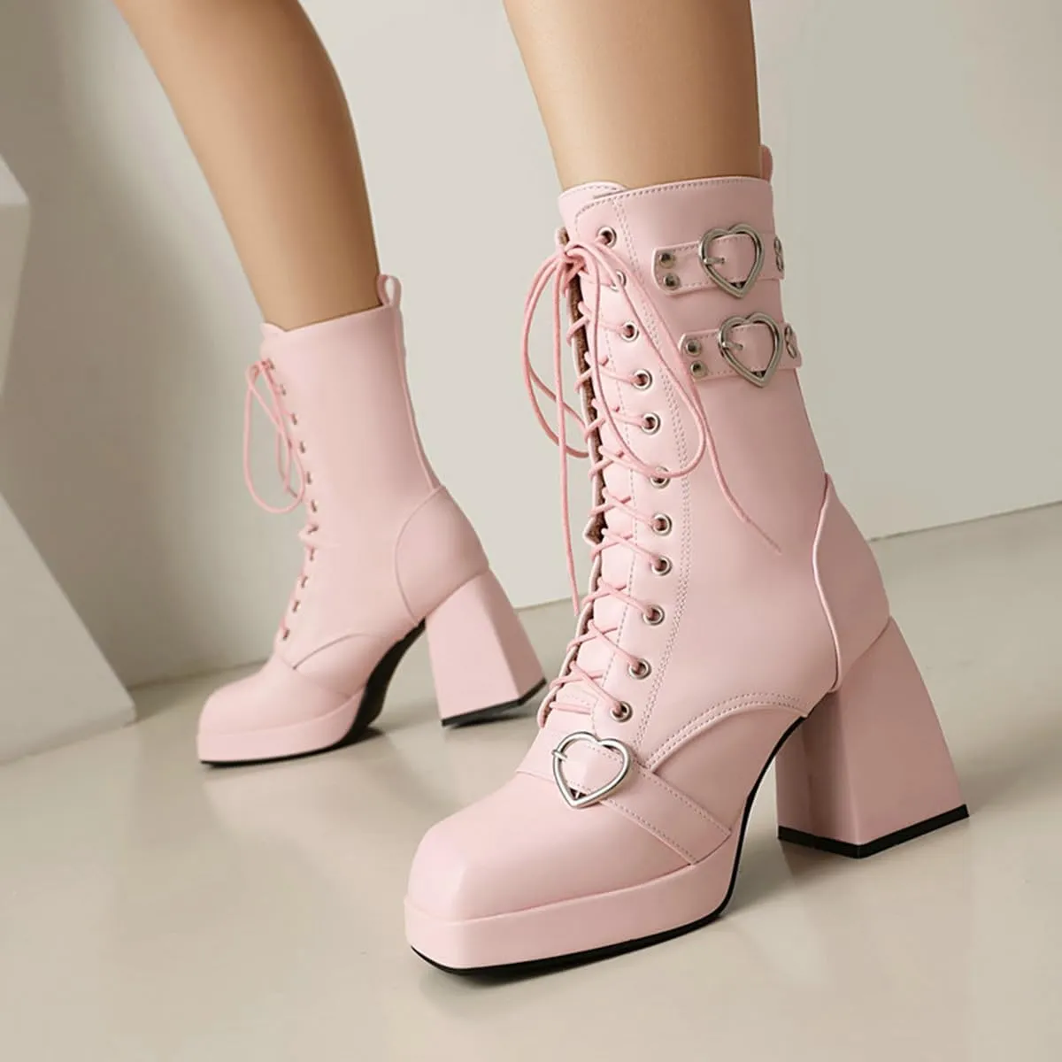 Women's Mid Calf Combat Boots Square Toe Block Heel Platform Lace Up Boots with Buckle Straps